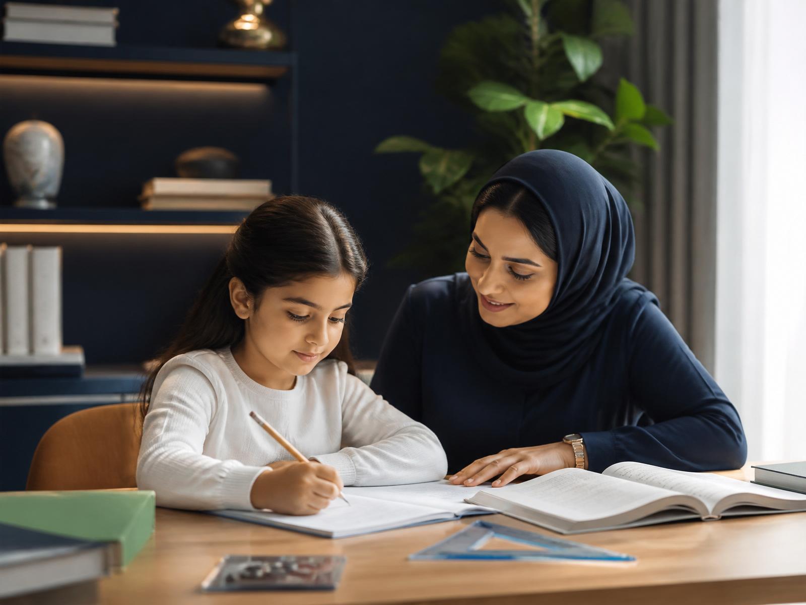 Verified UAE tutor supporting a young student during a 1-on-1 lesson